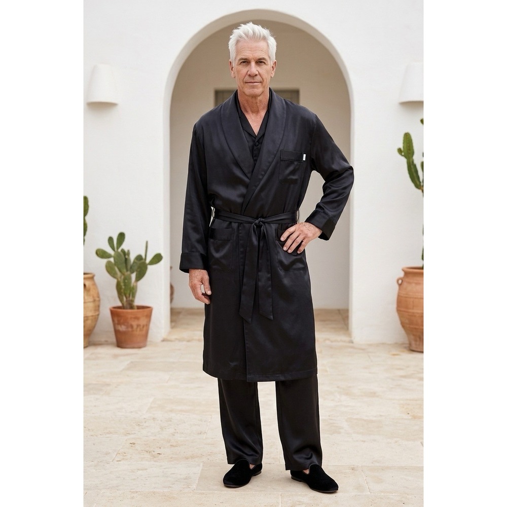 Pierre Cardin 100% Silk Robe Black Long Belted Kimono Pockets Mens S/M Luxury